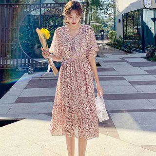 Short-sleeve V-neck Floral A-line Chiffon Dress