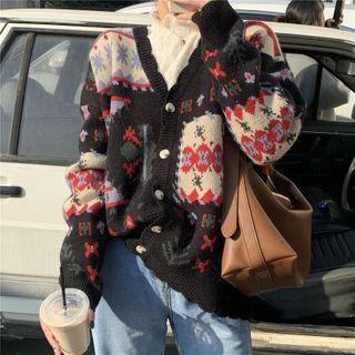 Floral Print Cardigan Floral Print - Black & White & Red - One Size