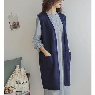 Button-back Long Rib-knit Vest