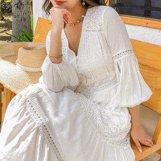 3/4 Sleeve Lace V-neck Maxi Dress