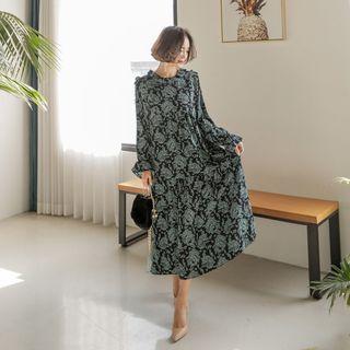 Frilled-detail Slit-side Pattern Midi Dress