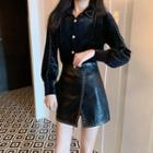 Long-sleeve Velvet Shirt / Faux Leather Mini Skirt