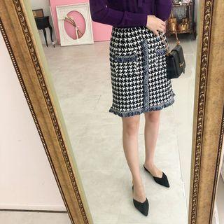 Band-waist Houndstooth H-line Tweed Skirt Black - One Size