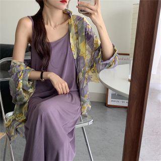 Spaghetti Strap Midi A-line Dress / Floral Print Shirt