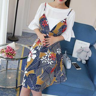 Set: Elbow-sleeve Top + Spaghetti Strap Print Dress