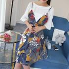 Set: Elbow-sleeve Top + Spaghetti Strap Print Dress