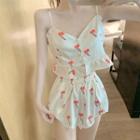 Set: Cherry Print Camisole Top + Shorts + Cartoon Print Eye Mask Set Of 3 - White - One Size