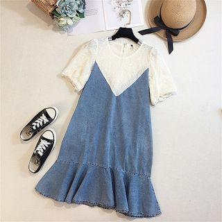 Lace Panel Mock Two-piece Short-sleeve Denim A-line Dress