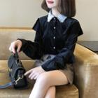 Lace Collar Ruffle Velvet Shirt Black - One Size