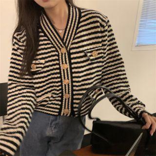 Striped Pocket-detail Long-sleeve Cardigan Black & White - One Size