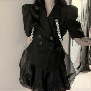 Short-sleeve Double-breasted Blazer / Mesh Mini Skirt