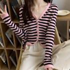 Long-sleeve V-neck Striped Cropped Top