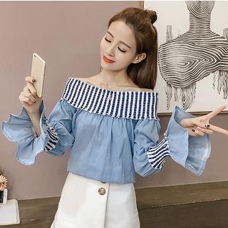 Striped Panel Off Shoulder Denim Blouse