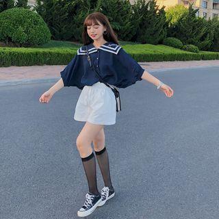 3/4-sleeve Striped Trim Wide Collar Shirt / Wide-leg Shorts