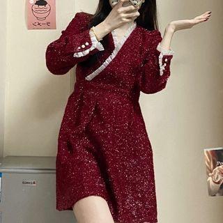 Puff-sleeve Glitter A-line Dress Red - One Size