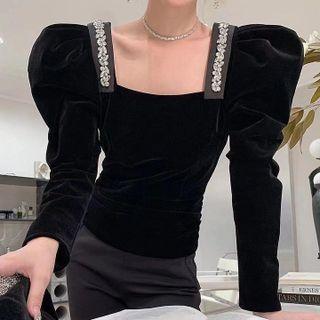 Puff-sleeve Square-neck Velvet Top