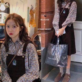 Floral Long-sleeve Loose-fit Blouse / Corduroy Jumper Dress
