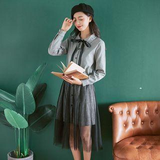 Set: Long-sleeve Shirt Dress + Mesh Skirt