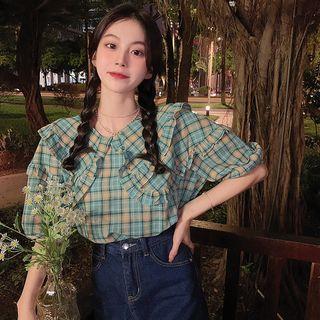 Elbow-sleeve Collar Plaid Blouse Green - One Size