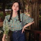 Elbow-sleeve Collar Plaid Blouse Green - One Size