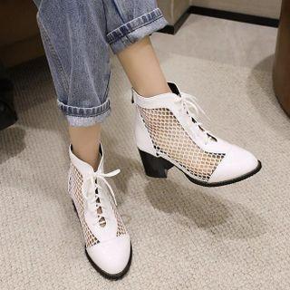 Lace-up Mesh Panel Block-heel Short Boots