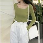 Square-neck Long-sleeve Knit Top / High Waist Straight-cut Pants