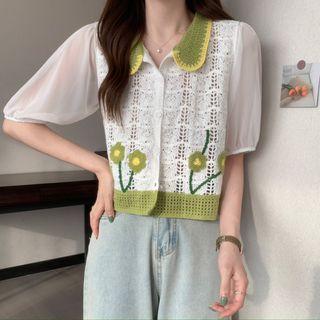 Short-sleeve Floral Knit Panel Blouse