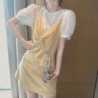 Set: Puff-sleeve Floral Blouse + Sleeveless A-line Dress