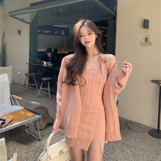 Plain Knit Cardigan / Off-shoulder Cable-knit Dress