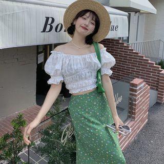 Off-shoulder Ruffle Trim Ruched Cropped Blouse / Floral Midi Skirt