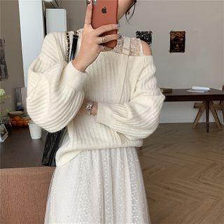 Mock Two Piece Asymmetric Shoulder Lace Panel Sweater / High-waist Stud Sheer Skirt
