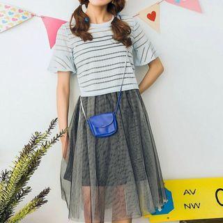 Set : Stripe Short-sleeve T-shirt Dress + Mesh Sleeveless Dress
