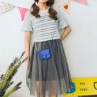 Set : Stripe Short-sleeve T-shirt Dress + Mesh Sleeveless Dress