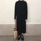 Long-sleeve Mock-neck Rib Knit Midi Dress Black - One Size