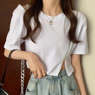 Short-sleeve Zip Slit Cropped T-shirt