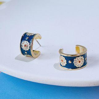 Flower Hook Earring 1 Pair - B144 - White Flower - Gold Trim - Dark Blue - One Size