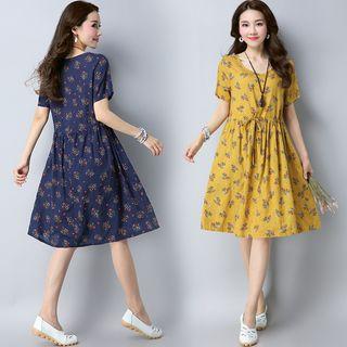 Short-sleeve Floral Midi A-line Dress
