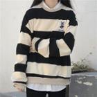 Rabbit Embroidered Striped Pullover Black & Almond - One Size