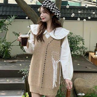 Fringed Sweater Vest / Plain Blouse