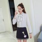 Set: Contrast Trim Long Sleeve Chiffon Blouse + Embroidered A-line Skirt