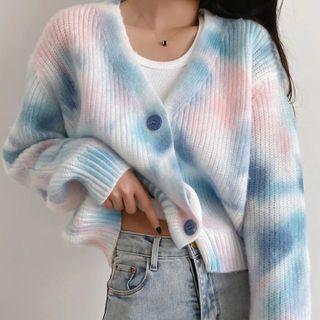 Long Sleeve V-neck Tie-dyed Loose-fit Cardigan Blue - One Size