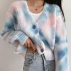 Long Sleeve V-neck Tie-dyed Loose-fit Cardigan Blue - One Size