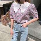 Eyelet-laced Collar Floral Print Blouse