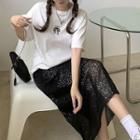 Short-sleeve Bow T-shirt / Sequined Midi Skirt