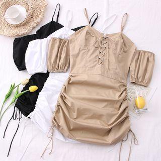 Off-shoulder Lace-up Drawstring Mini Dress