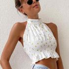 Sleeveless Floral Print Ruched Ruffled-trim Crop Top