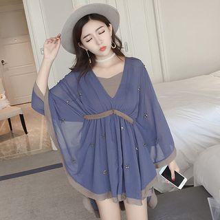 Set: Embellished 3/4-sleeve Chiffon Dress + Spaghetti Strap Dress