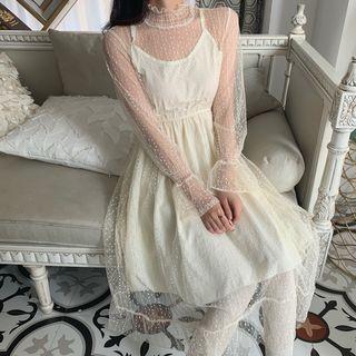 Buttoned Coat / Long-sleeve Midi Lace Dress