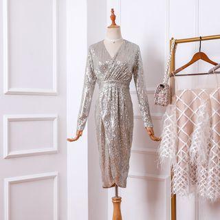Long-sleeve Sequined Midi Wrapped Dress