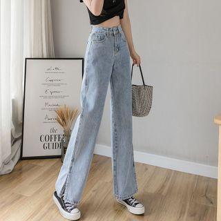 High-waist Slit-hem Denim Straight-cut Jeans
